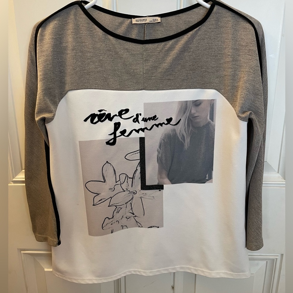 ZARA Printed 3/4 Sleeves T-shirt - Grey, White - Small